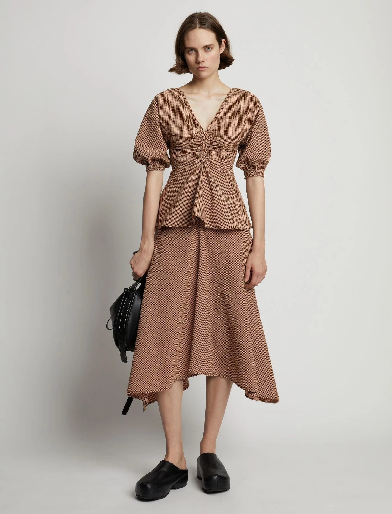 Proenza Schouler White Label | Gingham Long Sleeve Peplum Top - Coral/Black 3 Proenza Schouler White Label | Gingham Long Sleeve Peplum Top - Coral/Black - Image 3