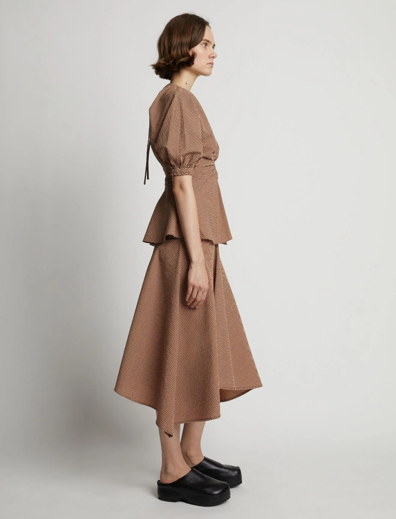 Proenza Schouler White Label | Gingham Long Sleeve Peplum Top - Coral/Black 4 Proenza Schouler White Label | Gingham Long Sleeve Peplum Top - Coral/Black - Image 4