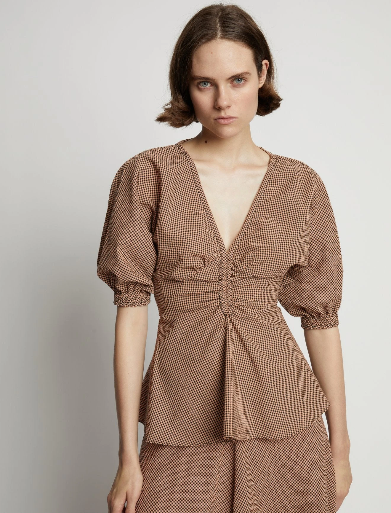 Proenza Schouler White Label | Gingham Long Sleeve Peplum Top - Coral/Black 6 Proenza Schouler White Label | Gingham Long Sleeve Peplum Top - Coral/Black - Image 6