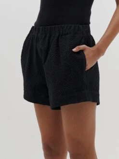 Bassike | Seersucker Pull On Mini Short - Black -Clothing Best Sale SS22WFB78 seersucker pull on mini short black DETAIL1 2000x cbacd466 2dcd 4c01 9c43 0266ae4f18d1