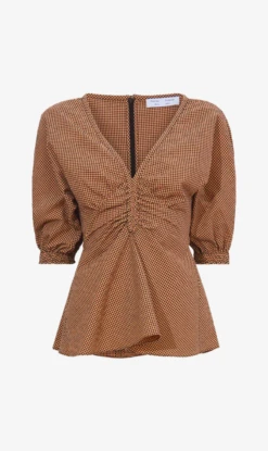 Proenza Schouler White Label | Gingham Long Sleeve Peplum Top - Coral/Black